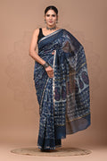 Indigo Blue & Off-White Paisley Motifs Bagru Hand Block Printed Chanderi Silk Saree With Blouse Piece