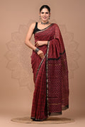 Maroon & Black Floral Buti Bagru Hand Block Printed Chanderi Silk Saree With Blouse Piece