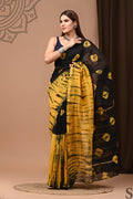 Mustard Yellow & Black Geometric Block Print Chanderi Silk Saree With Blouse Piece