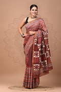 Maroon & Off-White Floral Block Printed Chanderi Silk Saree With Blouse Piece