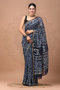 Indigo Blue & Off-White Floral Jaal Hand Block Printed Chanderi Silk Saree With Blouse Piece