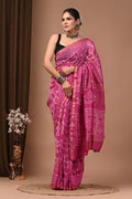 Pink & White Leheriya Block Printed Chanderi Silk Saree With Blouse Piece