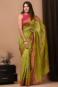 Olive Green & Pink Leheriya Pattern Hand Block Printed Chanderi Silk Saree With Blouse Piece