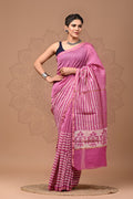 Pink & Cream Striped Bagru Hand Block Printed Chanderi Silk Saree With Blouse Piece