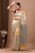Mustard Yellow & Off-White Geometric Buti Hand Block Printed Chanderi Silk Saree With Blouse Piece
