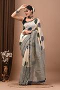 Off-White & Blue Polka Dot Block Printed Chanderi Silk Saree With Blouse Piece