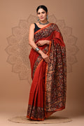 Rust Red & Black Floral Jaal Bagru Hand Block Printed Chanderi Silk Saree With Blouse Piece