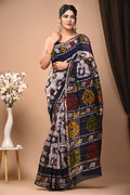 Navy Blue & Off-White Geometric Buti Print Bagru Hand Block Printed Chanderi Silk Saree With Blouse Piece