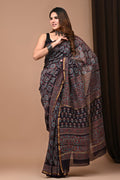 Deep Purple & Teal Blue Geometric Floral Block Printed Chanderi Silk Saree With Blouse Piece