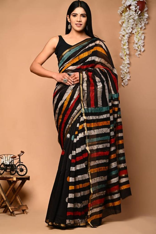 Black & Multicolored Geometric Stripe Bagru Hand Block Printed Chanderi Silk Saree With Blouse Piece