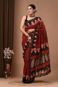 Maroon & Black Paisley Motifs Bagru Hand Block Printed Chanderi Silk Saree With Blouse Piece