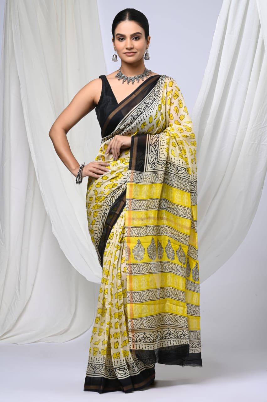 bagru, bagru saree, Chanderi Silk Saree, hand block saree, saree