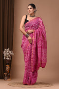 Magenta Pink & White Geometric Block Print Chanderi Silk Saree With Blouse Piece