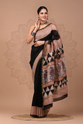 Black & Beige Paisley Motifs Bagru Hand Block Printed Chanderi Silk Saree With Blouse Piece