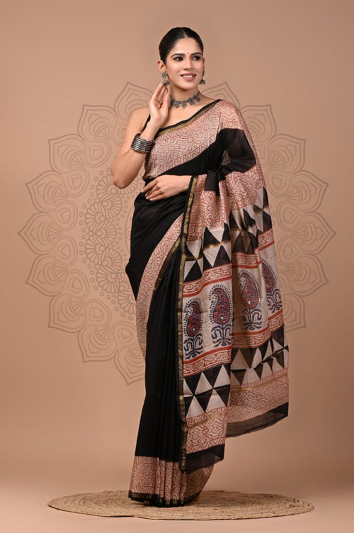 Black & Beige Paisley Motifs Bagru Hand Block Printed Chanderi Silk Saree With Blouse Piece
