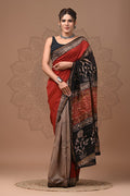 Rust Red & Black Floral Block Printed Chanderi Silk Saree With Blouse Piece