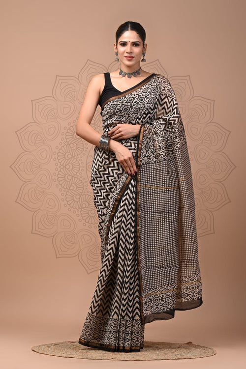 Black & Off-White Geometric Chevron Block Printed Chanderi Silk Saree With Blouse Piece
