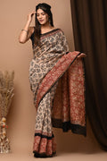 Black & Rust Brown Buti Print Bagru Hand Block Printed Chanderi Silk Saree With Blouse Piece