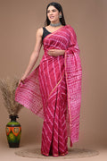 Pink & White Leheriya Pattern Bagru Hand Block Printed Chanderi Silk Saree With Blouse Piece