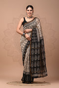 Black & Off-White Leaf Motif Bagru Hand Block Printed Chanderi Silk Saree With Blouse Piece