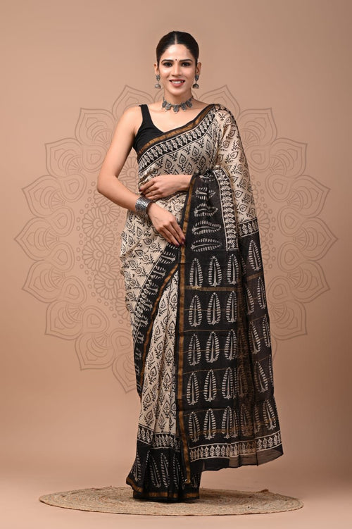 Black & Off-White Leaf Motif Bagru Hand Block Printed Chanderi Silk Saree With Blouse Piece
