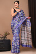 Blue & Off-White Floral Print Bagru Hand Block Printed Chanderi Silk Saree With Blouse Piece