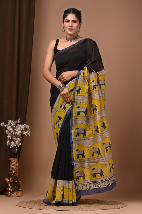Black & Mustard Yellow Elephant Motif Hand Block Printed Chanderi Silk Saree With Blouse Piece