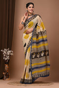 Mustard Yellow & Cream Geometric & Floral Block Printed Chanderi Silk Saree With Blouse Piece
