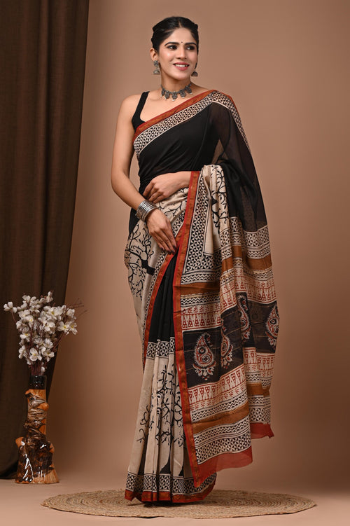 Black & Beige Paisley Motifs Bagru Hand Block Printed Chanderi Silk Saree With Blouse Piece