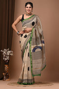 Off-White & Black Polka Dot and Grid Pattern Block Printed Chanderi Silk Saree With Blouse Piece