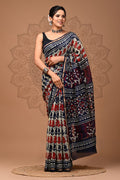 Navy Blue & Off-White Floral Block Printed Chanderi Silk Saree With Blouse Piece
