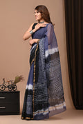 Blue & Black Geometric Chevron Block Printed Chanderi Silk Saree With Blouse Piece