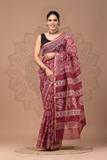 Maroon & Off-White Floral Block Print Chanderi Silk Saree With Blouse Piece