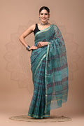 Teal Blue & Maroon Buti Print Block Printed Chanderi Silk Saree With Blouse Piece