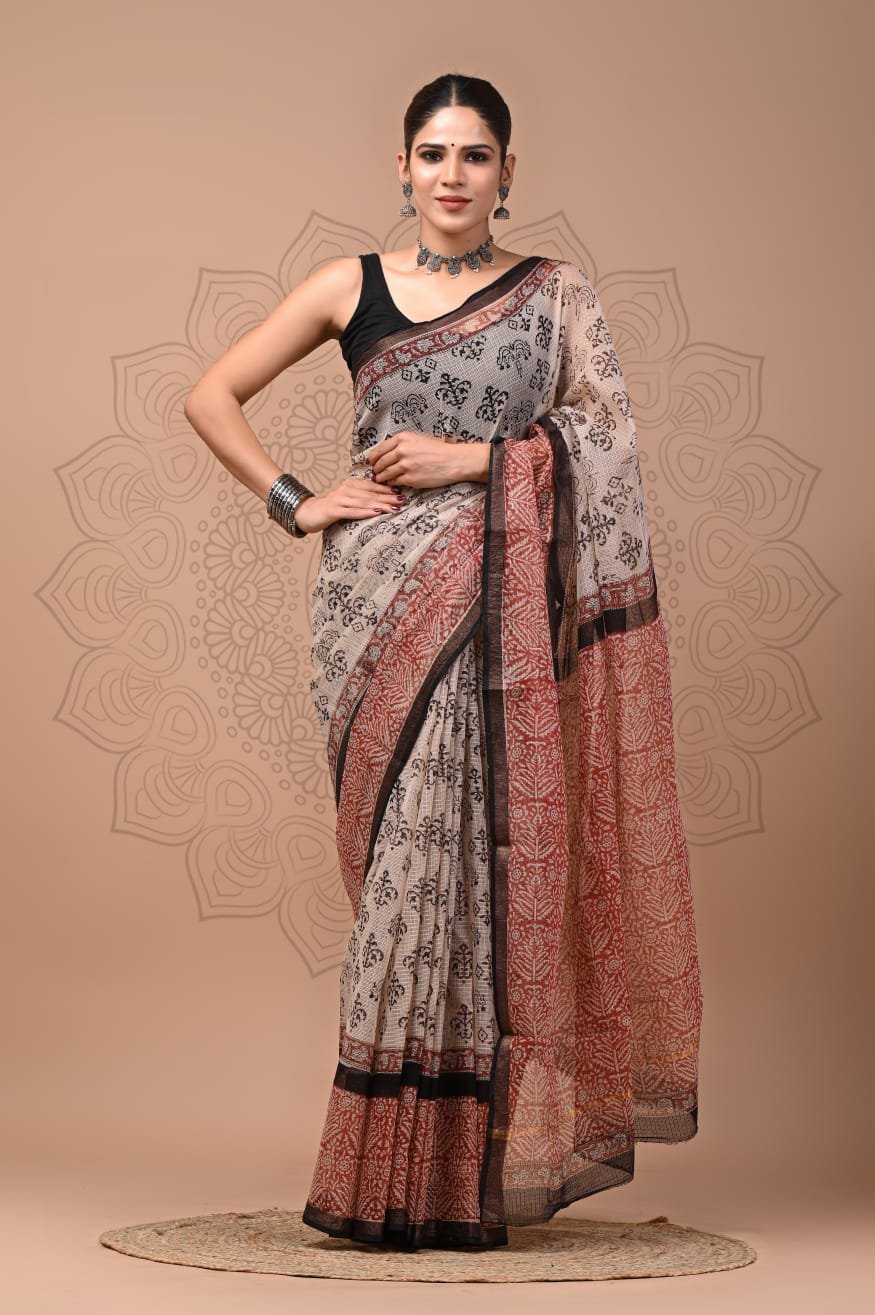bagru, bagru saree, Chanderi Silk Saree, hand block saree, saree