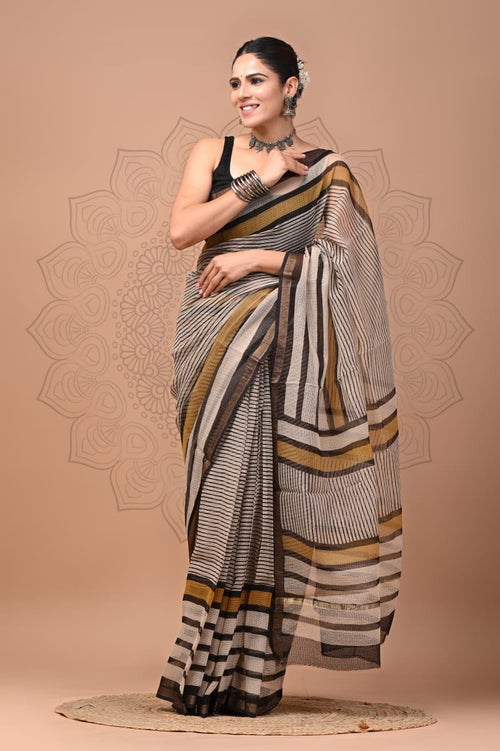 Beige & Black Striped Block Printed Chanderi Silk Saree With Blouse Piece