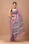 Pink & Grey Floral Jaal Bagru Hand Block Printed Chanderi Silk Saree With Blouse Piece