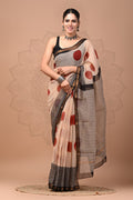 Beige & Black Polka Dot Bagru Hand Block Printed Chanderi Silk Saree With Blouse Piece