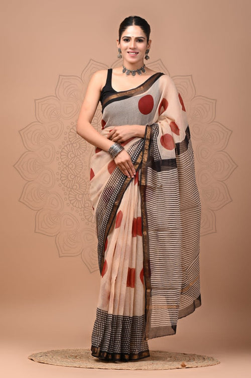Beige & Black Polka Dot Bagru Hand Block Printed Chanderi Silk Saree With Blouse Piece