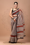 Black & Rust Orange Striped Pattern Bagru Hand Block Printed Chanderi Silk Saree With Blouse Piece