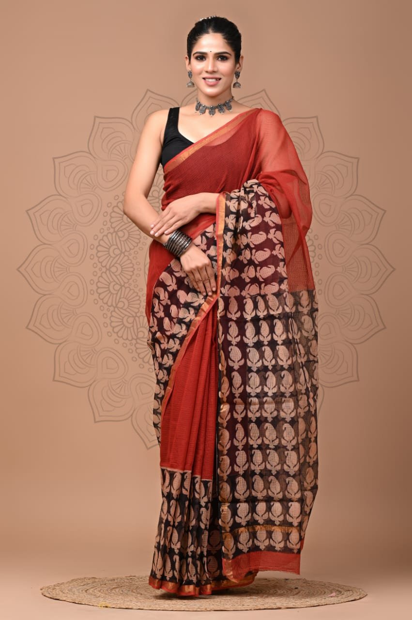 bagru, bagru saree, Chanderi Silk Saree, hand block saree, saree