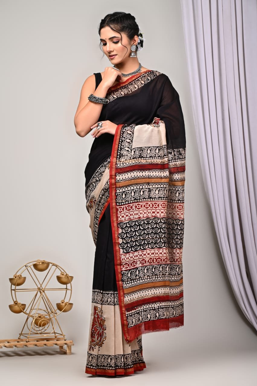 bagru, bagru saree, Chanderi Silk Saree, hand block saree, saree