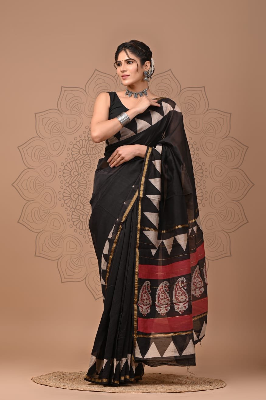 bagru, bagru saree, Chanderi Silk Saree, hand block saree, saree