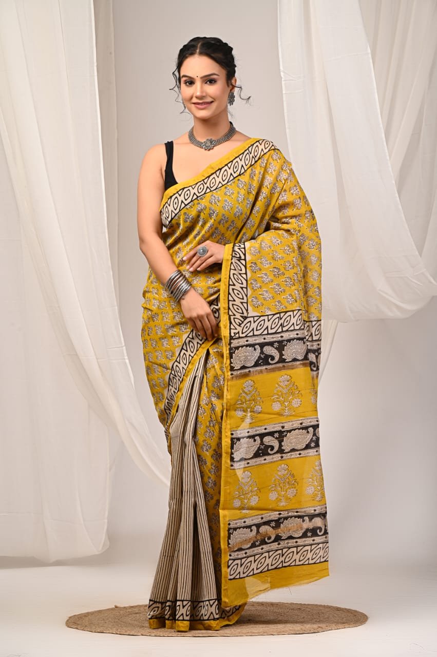 bagru, bagru saree, Chanderi Silk Saree, hand block saree, saree