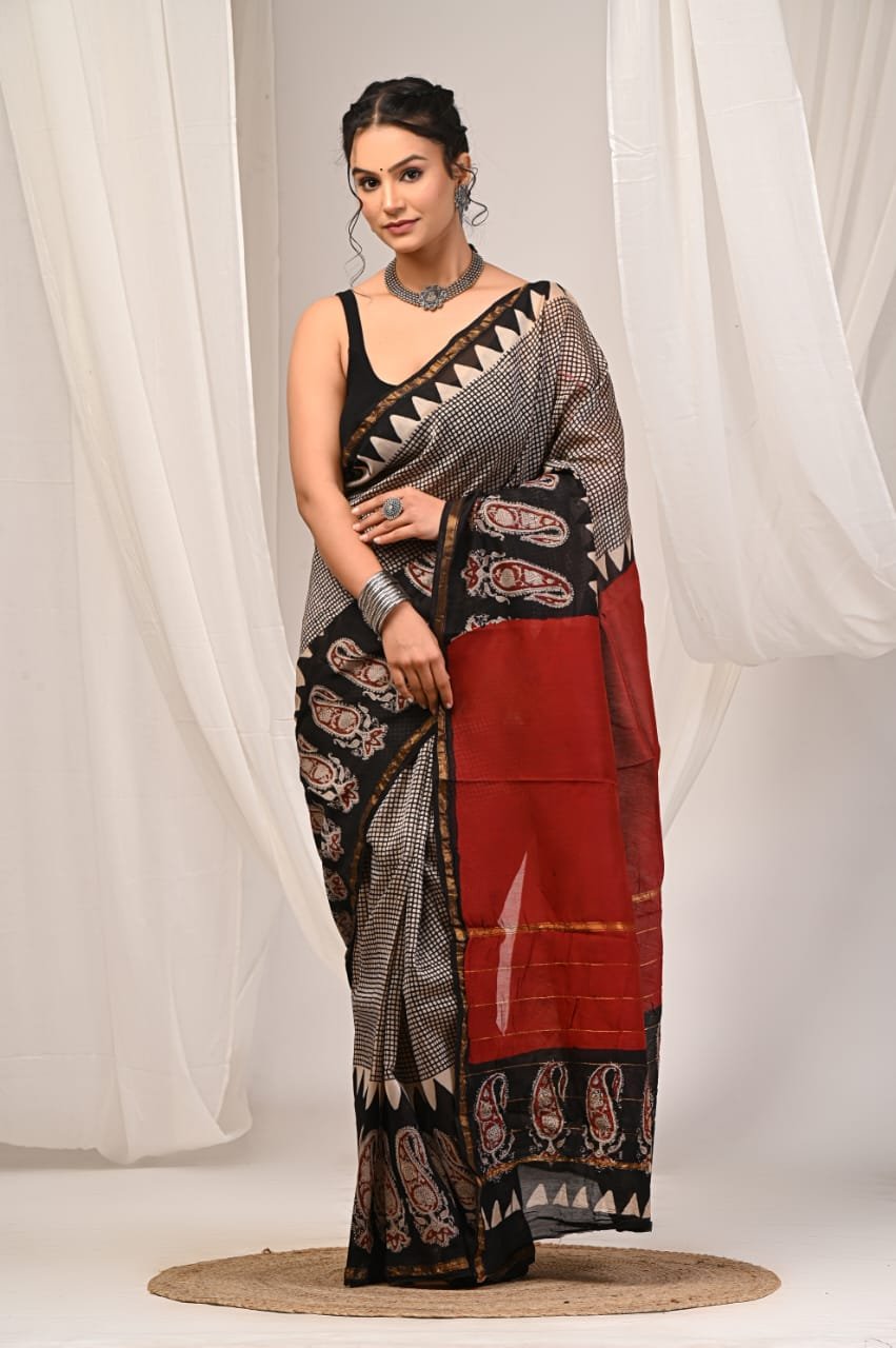 bagru, bagru saree, Chanderi Silk Saree, hand block saree, saree