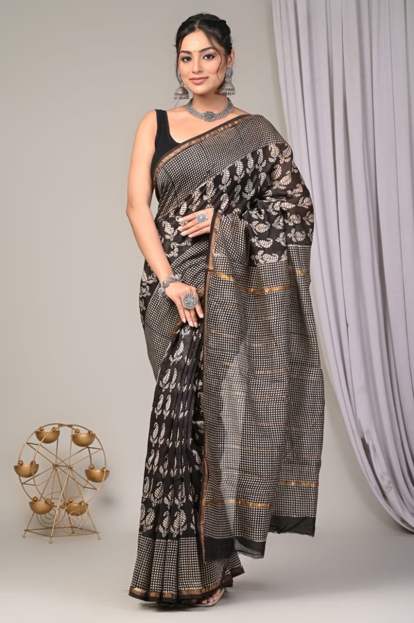 bagru, bagru saree, Chanderi Silk Saree, hand block saree, saree