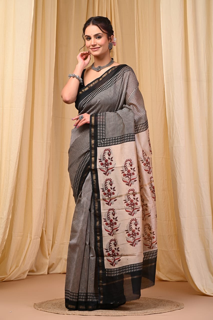 bagru, bagru saree, Chanderi Silk Saree, hand block saree, saree