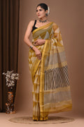 Mustard Yellow & Off-White Geometric Triangle Bagru Hand Block Printed Chanderi Silk Saree With Blouse Piece