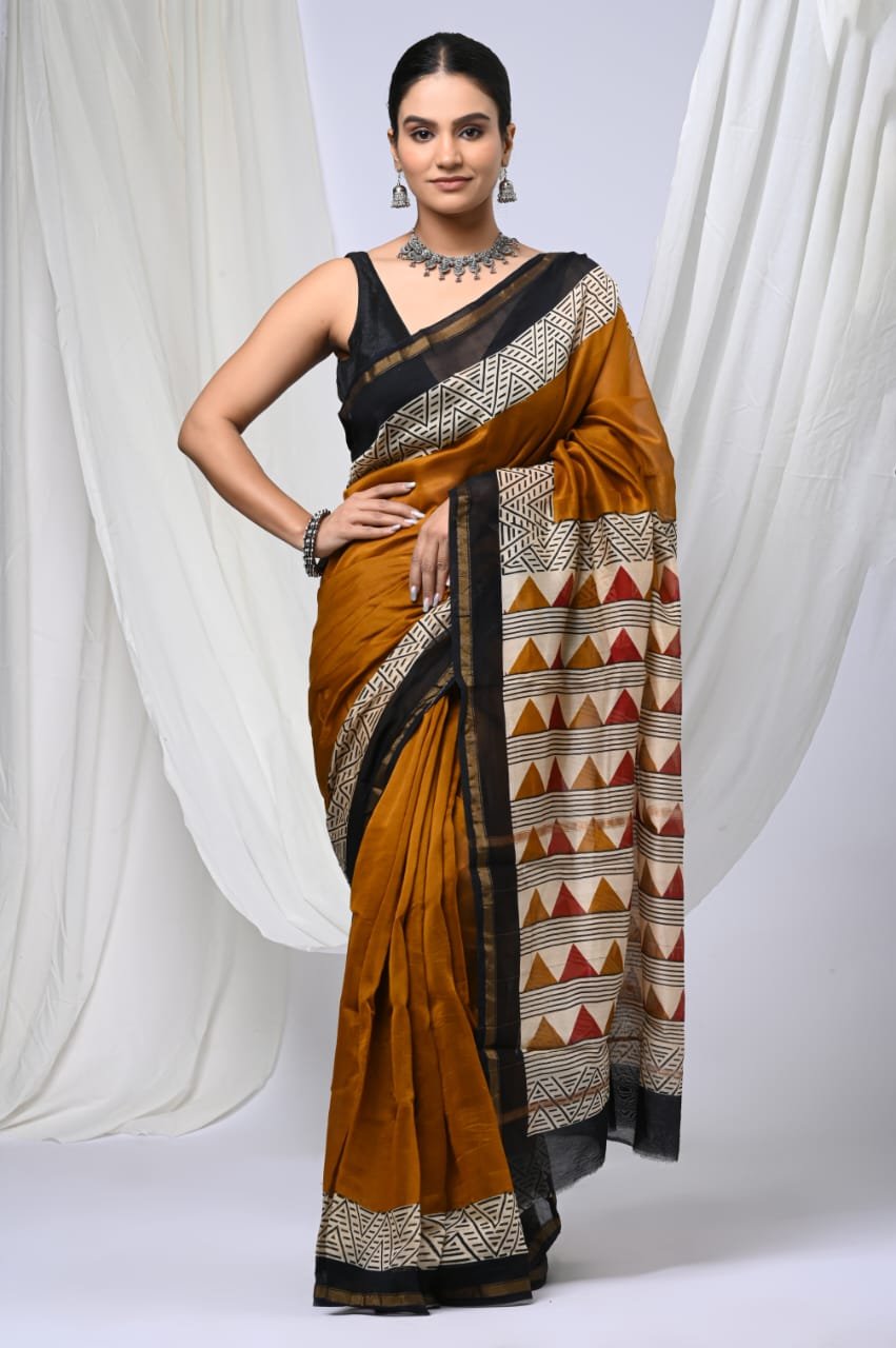 bagru, bagru saree, Chanderi Silk Saree, hand block saree, saree