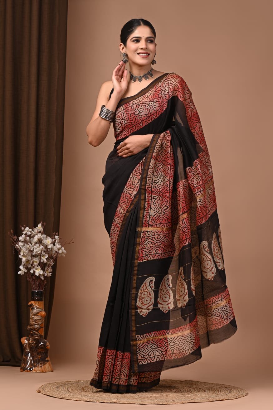 bagru, bagru saree, Chanderi Silk Saree, hand block saree, saree